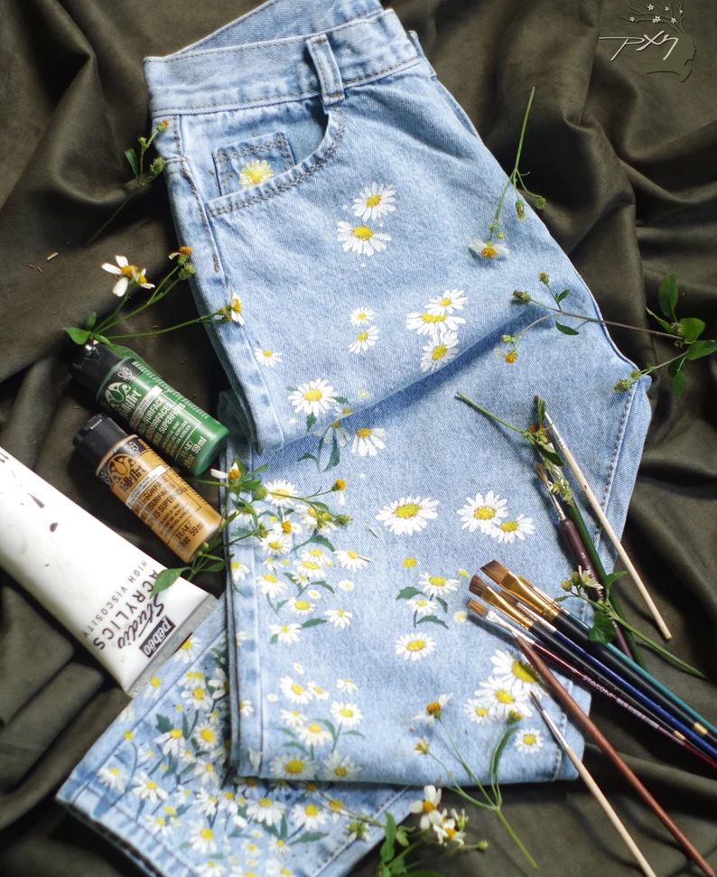 Painted Jeans Daisy Floral Painted Denim Be Amazing - Etsy | Etsy (US)