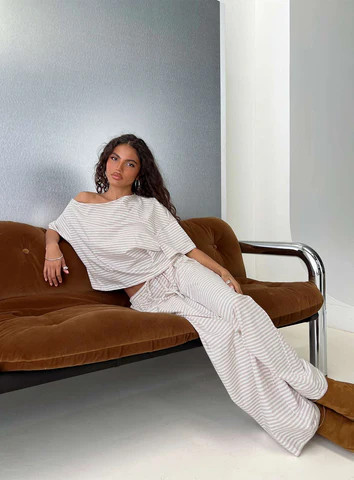 Tobie Off Shoulder Sleep Set Beige Stripe | Princess Polly US