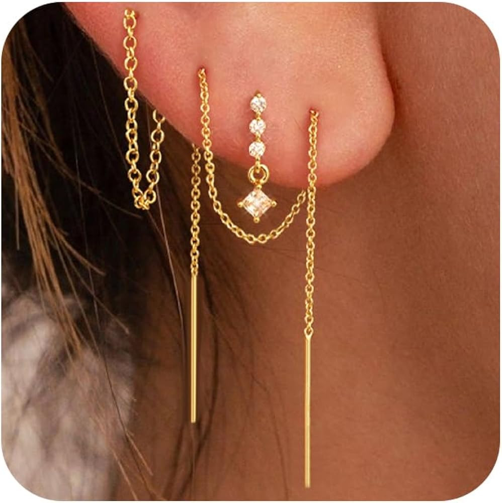 CHESKY Gold Chain Earrings for Women Trendy, 14K Gold Plated Threader Earrings Dainty Dangle Earr... | Amazon (US)