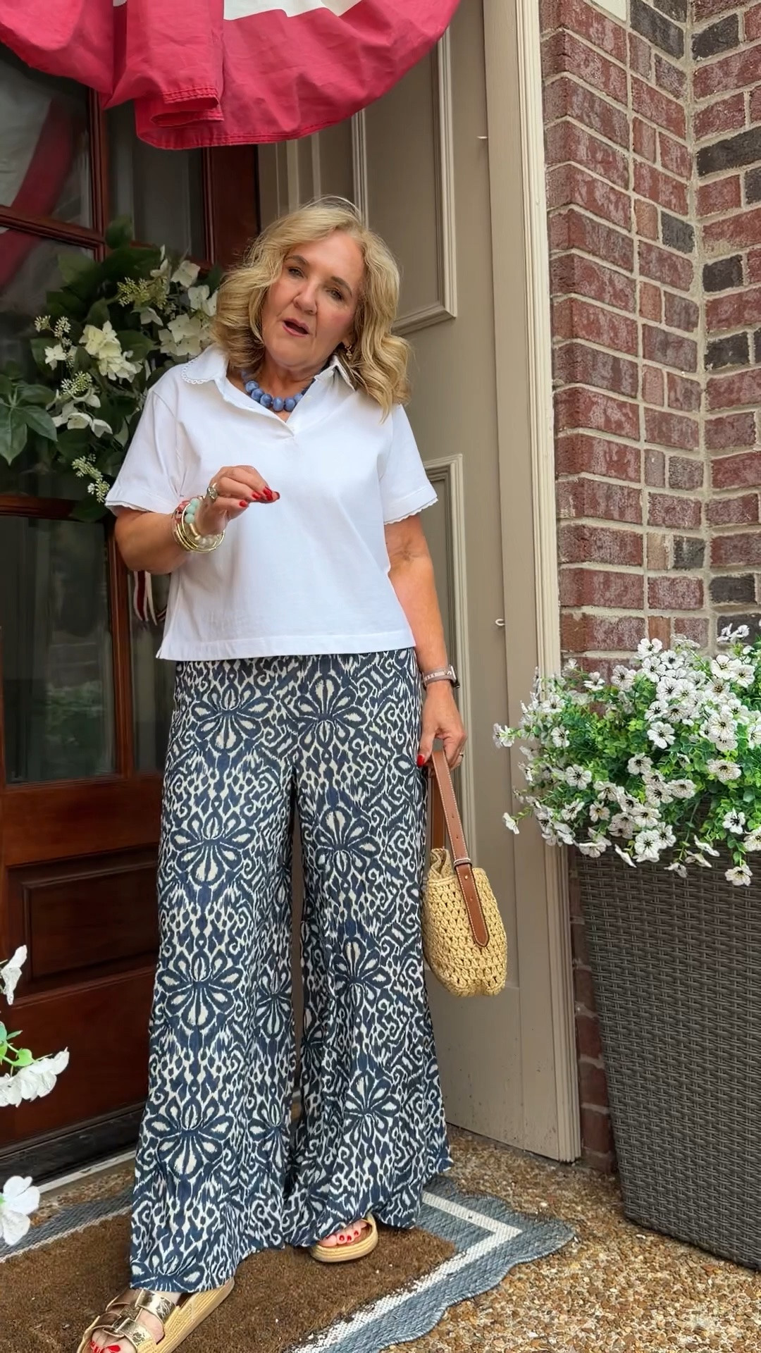 Polo size medium act fast getting limited! 
Pants sized down to a small also avail in plus sizes 
20% off my bracelets code NANETTE20

Vacation outfit pants for summer palazzo pants white top

#LTKOver40 #LTKootd #LTKTravel