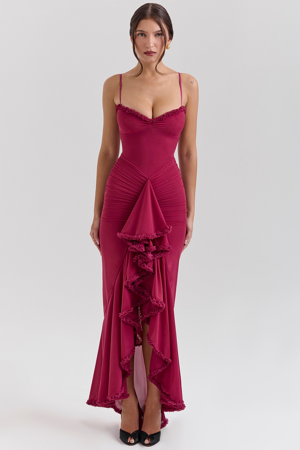 wine ruffled front gown | House of CB