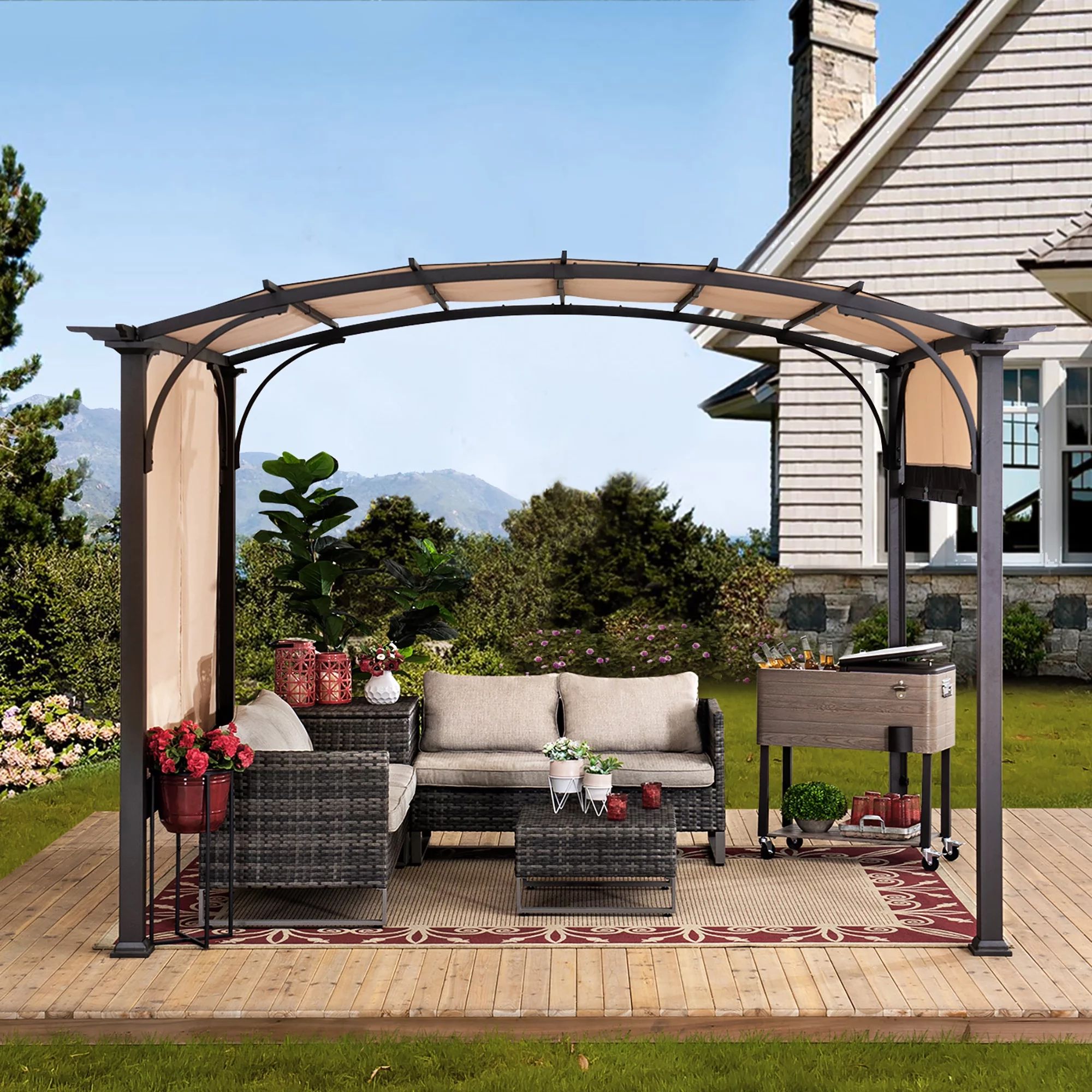 Sunjoy Corona 10 ft. x 8 ft. Brown Steel Arched Pergola with 2-Tone Adjustable Shade | Walmart (US)