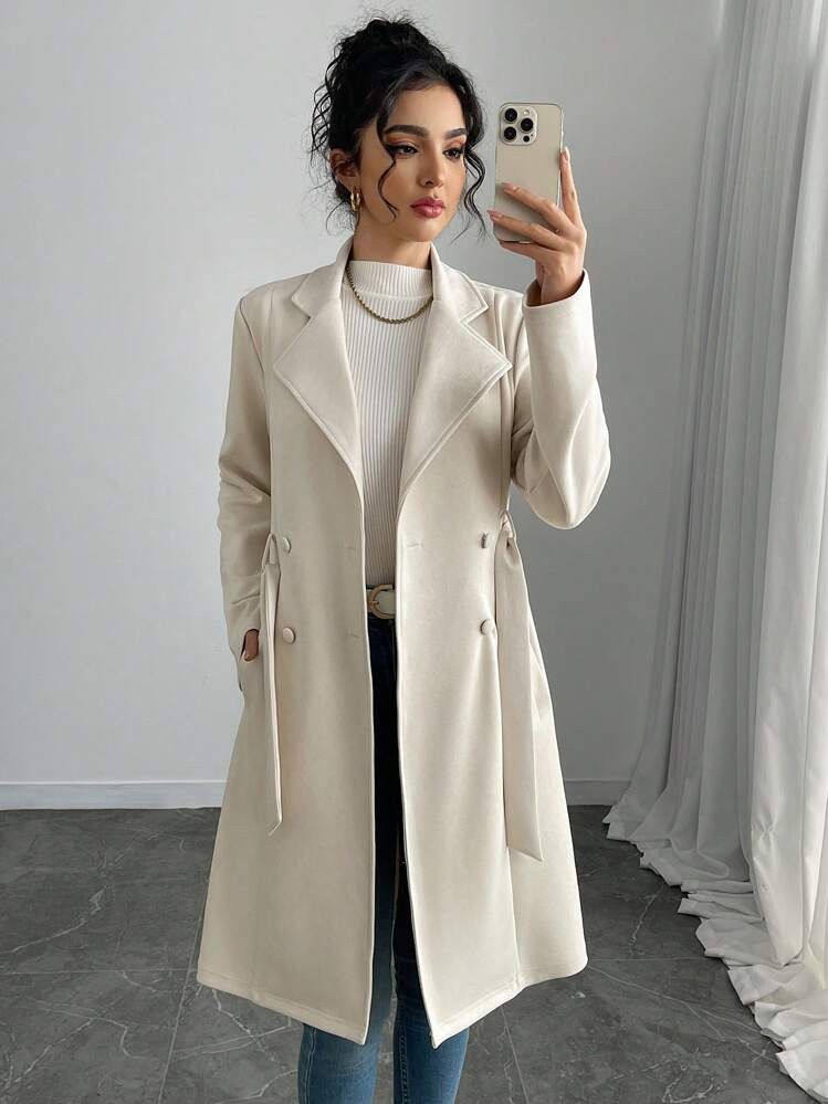 Women Solid Color Faux Suede Double-Breasted Pockets Regular Jacket Fall Winter Cloth For Women | SHEIN