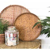 Vintage Xl Round Basket, Dark Woven Bamboo Asian Tray Wall Hanging, Coastal Bohemian Décor | Etsy (US)