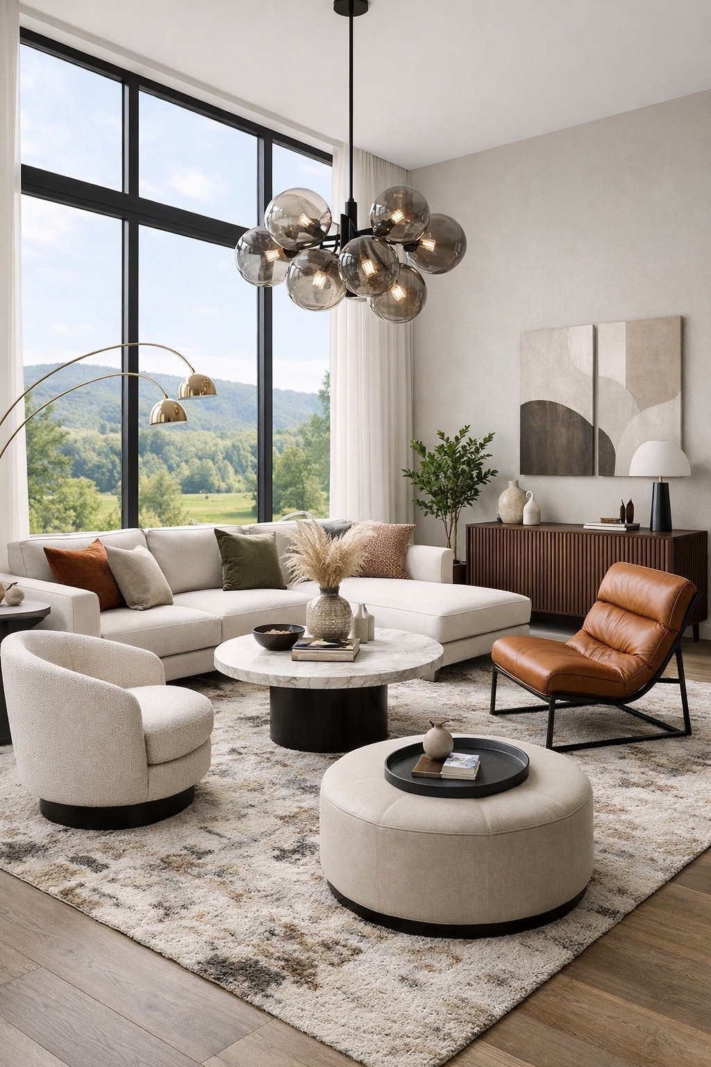 Stylish modern living room featuring a curved cream sofa, round ottomans and a sculptural smoked glass bubble chandelier. Neutral tones, natural textures and large windows create a warm and elegant space perfect for contemporary interiors and cozy home inspiration.

#livingroomdesign
#modernlivingroom
#neutraldecor
#interiordesign
#homedecor
#pinteresthome
#moderninterior
#luxurylivingroom
#cozyhome
#curvedsofa
#boucleottoman
#modernhome
#ltkhome
#luxuryinterior
#minimalhome