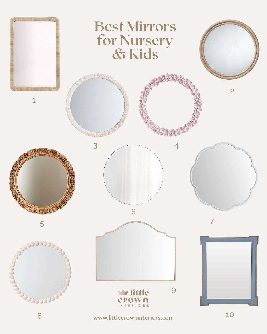 My go-to spot for a mirror is over the dresser or changing table, and I include one in almost every nursery design. A mirror bounces light around the room and makes the space feel bigger and brighter (especially since nurseries and kid's rooms are often smaller).

Check out my favorite wall mirrors for nursery and kids, and head to the blog post for tips for getting the size, height, and finish just right. And of course, how to hang mirrors safely so baby stays protected.

Blog link is https://tinyurl.com/LCI-mirrors 

 #LTKHome #LTKBaby #LTKBump