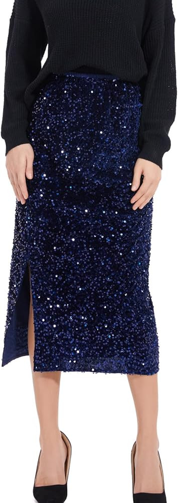 Women’s Sequin Velvet Skirt Elastic High Waist Sparkle Split Hem Night Out Party Maxi Skirt | Amazon (US)