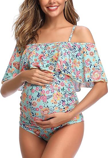 Women Off-Shoulder Maternity Swimsuits Flounce Floral One Piece Bathing Suits | Amazon (US)