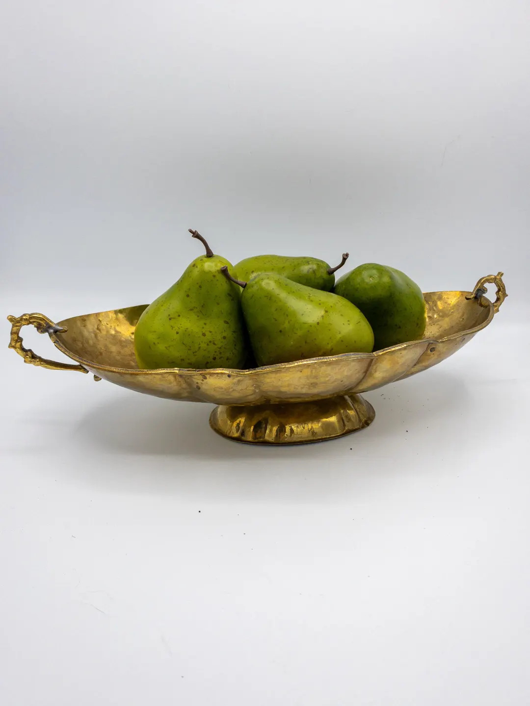 Vintage Scalloped Oval Brass Pedestal Bowl Hammered Brass With Ornate Handles Centerpiece Fruit B... | Etsy (US)