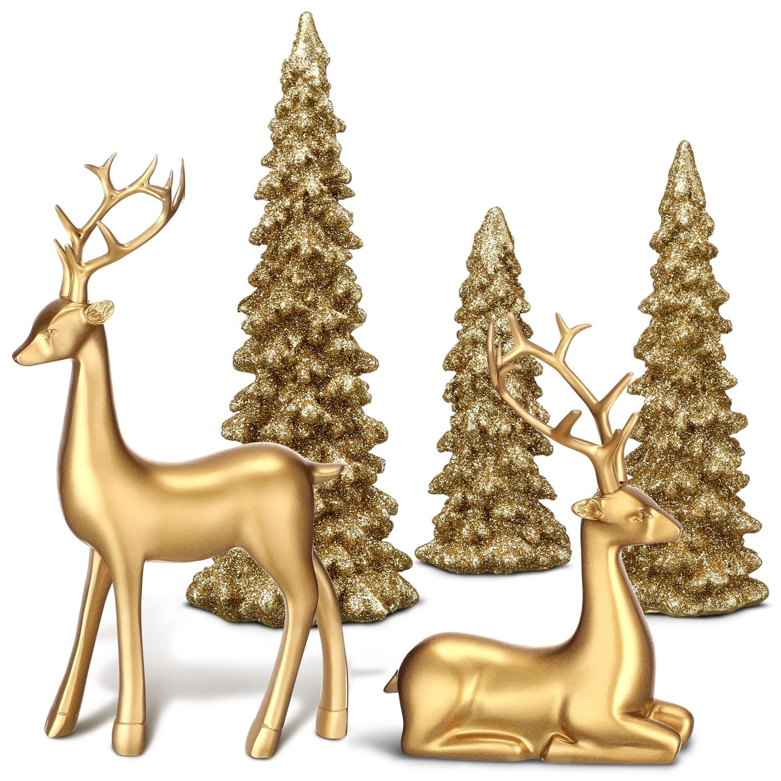 Pinkunn 5 Pcs Reindeer Christmas Decor and Trees Christmas Resin Sitting Standing Lucky Deer Reindeer Figurines for Tabletop Indoor Home Decorations Mantle Cabinet Desktop Office (Golden) | Amazon (US)