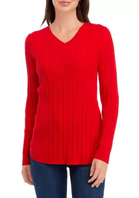 Kim Rogers Women's Long Sleeve V-Neck Cable Sweater, Red, Medium | Belk