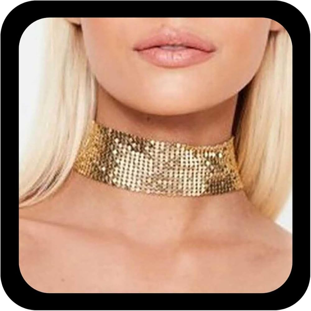 Punk Wide Sequin Necklace Choker Metal Mesh Necklace Metal Sequins Necklaces Gold Wide Rhinestone... | Amazon (US)