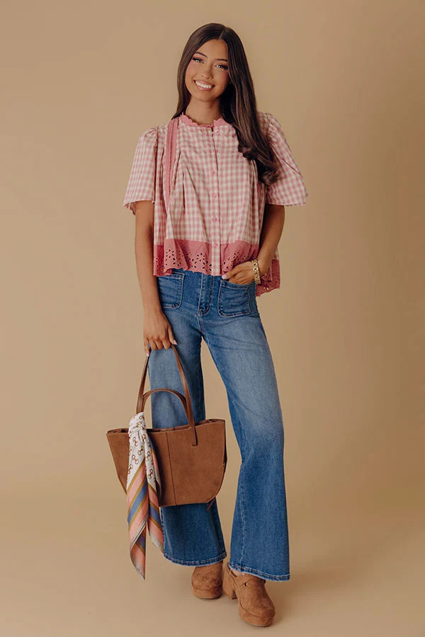 Charmed To Meet You Plaid Eyelet Top in Blush | Impressions Online Boutique