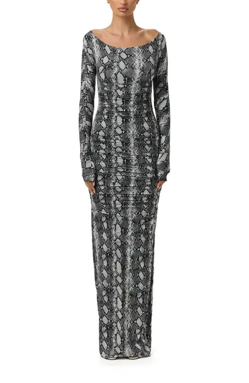 Naked Wardrobe Ruched Off the Shoulder Long Sleeve Maxi Dress in Grey Snakeskin at Nordstrom, Size Large | Nordstrom