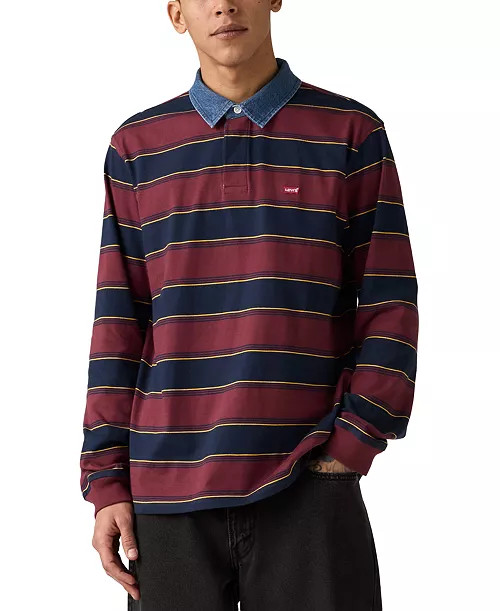 Men's Relaxed-Fit Long Sleeve Striped Rugby Shirt | Macy's