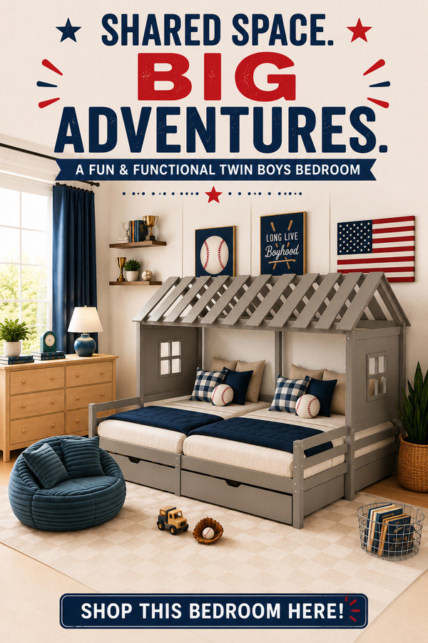 Design the ultimate twin boys bedroom with smart storage, a space-saving house bed, sports-inspired decor, and timeless 