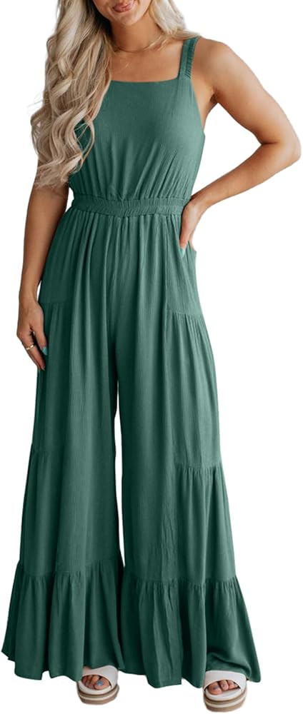 BLENCOT Jumpsuits for Women Summer Casual Loose Sleeveless Overalls Jumpsuit Ruffle Wide Leg Long... | Amazon (US)