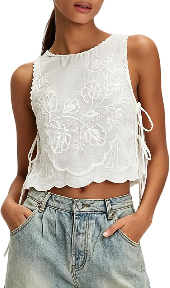 UAURORAO Women Tie Up Tank Top Floral Embroidered Cropped Vest Flower Embroidery Backless Babydol... | Amazon (US)
