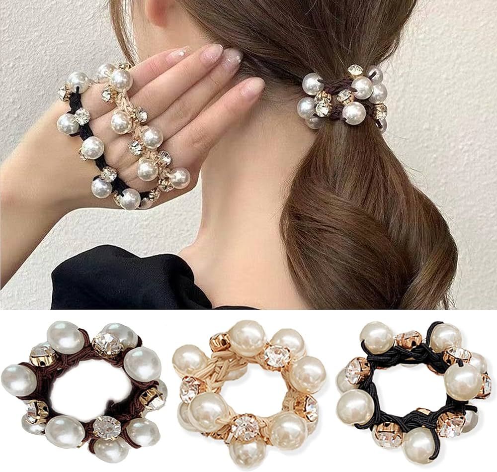 Rhinestone and Pearl Hair Ties for Women and Girls, Elastic Hair Scrunchies, Stretchy Hair Bands ... | Amazon (US)