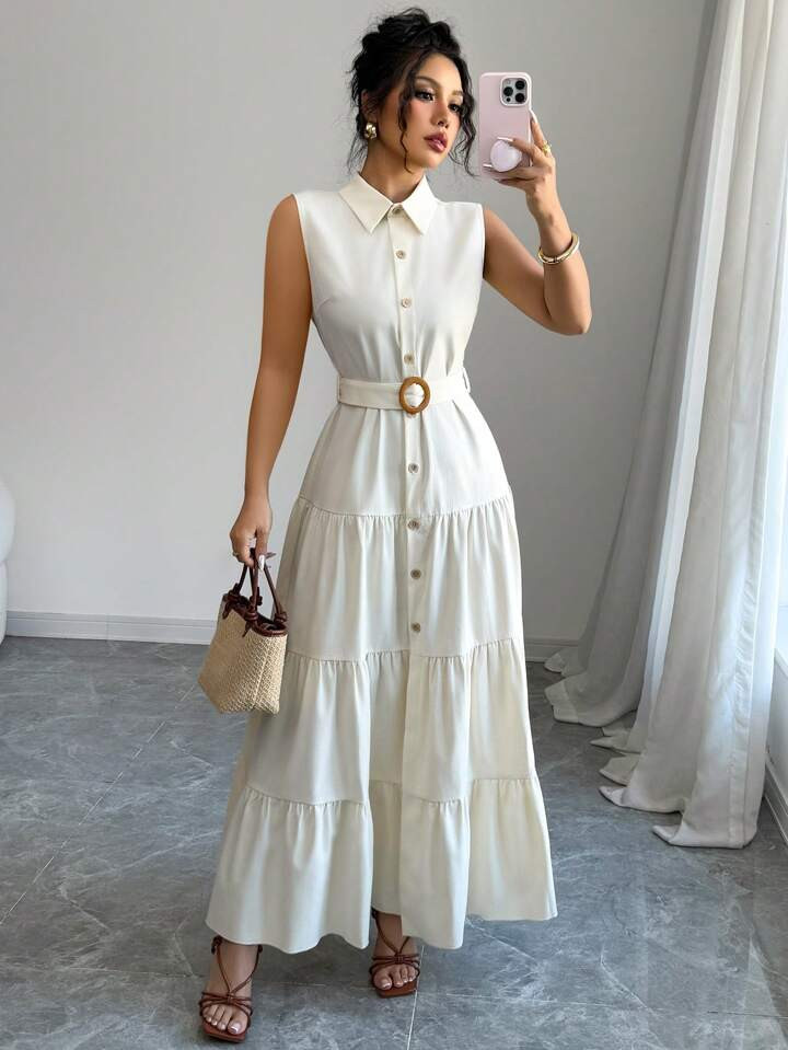 Elenzga Women's V-Neck Button Waist Belt Long Dress | SHEIN