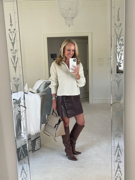 Neutral fall outfit 
Cashmere sweater
Faux leather mini skirt
Tall Brown dressy boots
Veronica Beard 

#LTKshoecrush #LTKSeasonal #LTKstyletip