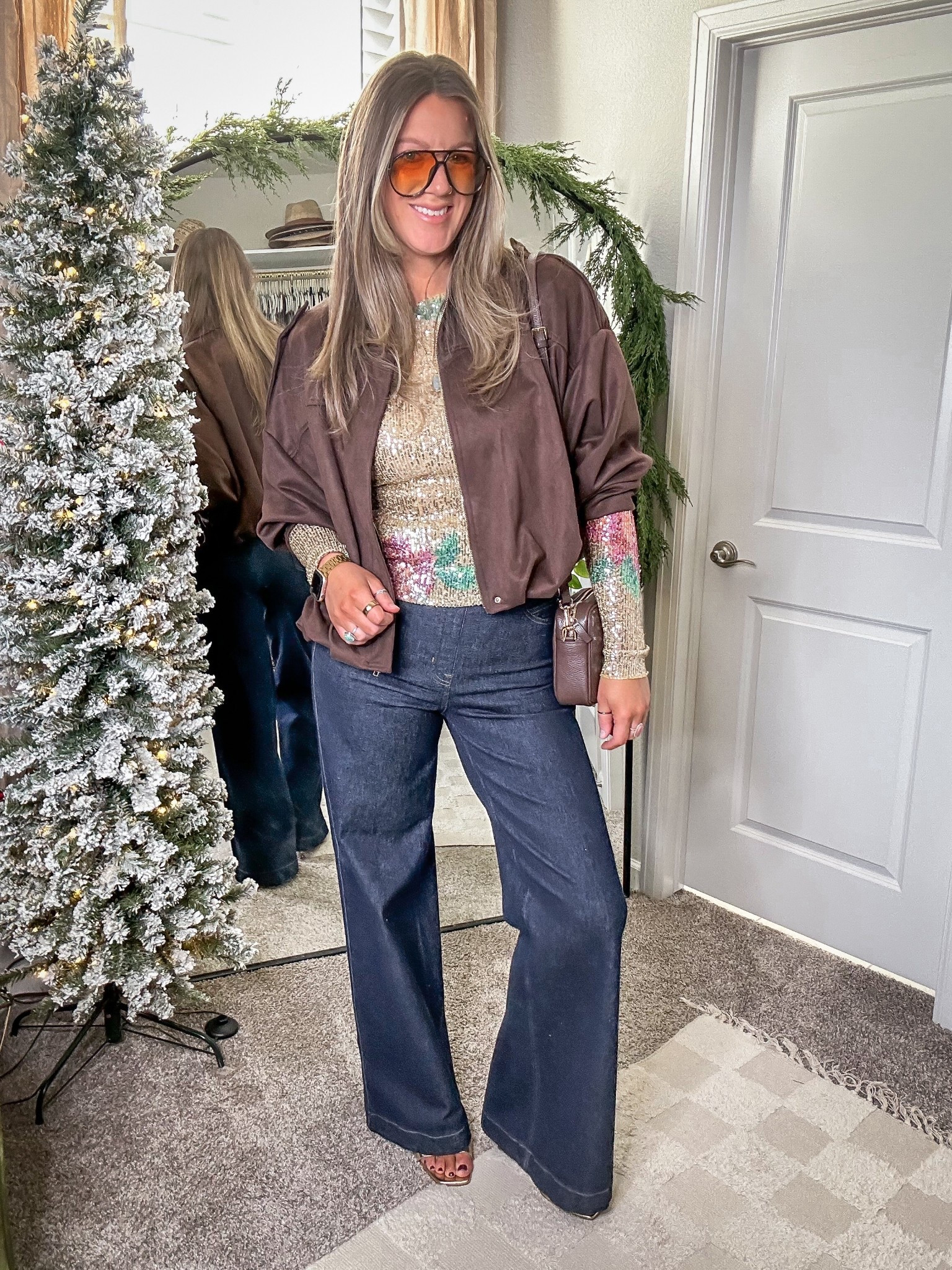 Casual friends holiday party, date night, girls night or happy hour outfit for tall girls! 
✨Large top, large jacket, medium tall jeans, 11 sandals 

#LTKTall #LTKOver40 #LTKHoliday