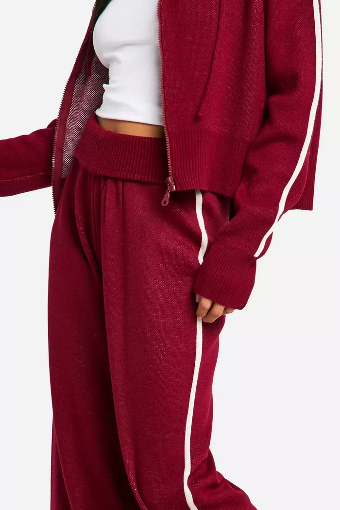 Petite Stripe Detail Knitted Hoody And Waist Detail Flared Trouser | Boohoo.com (UK & IE)