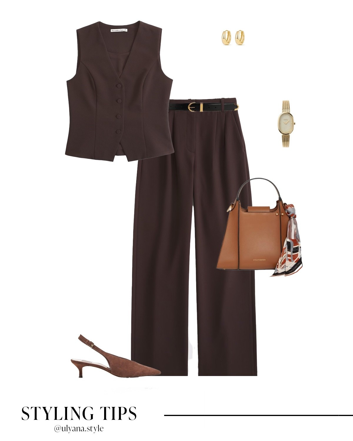 🤎 Effortless fall office to brunch style 🍂 This polished look features a brown vest top paired with matching tailored pants, cinched with a belt, suede slingback heels, a structured handbag, hoop earrings, and a classic watch. Ideal for a work meeting, brunch with friends, coffee date, or business casual outfit.
.
.
.
.
.
#LTKSeasonal #LTKU #LTKSaleAlert #LTKPetite #LTKFindsUnder50 #LTKFindsUnder100 #LTKStyleTip #LTKWorkwear #LTKTravel #LTKShoeCrush #LTKItBag 
Fall office outfits | work outfits | matching sets | dark brown pants | pants for work | pant suit | tailored trousers | vest top | vest outfits | vest set | fall outfits | fall tops | brown vest | tailored vest | suit vest | classy heels | brown heels | heels for work | fall bags | designer bags | brown bag | black belt | outfit inspo | outfit ideas | date night outfit | classy outfits 