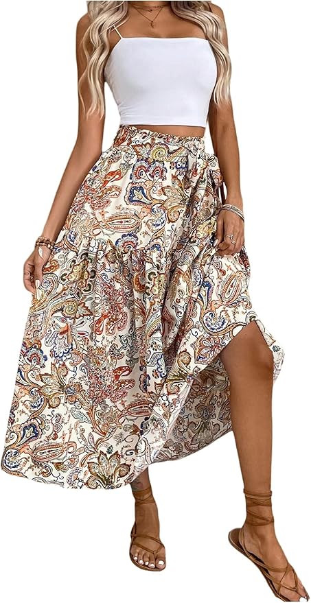 Women's Paisley Maxi Skirt Boho High Waist A Line Belted Flowy Swing Long Skirt | Amazon (US)