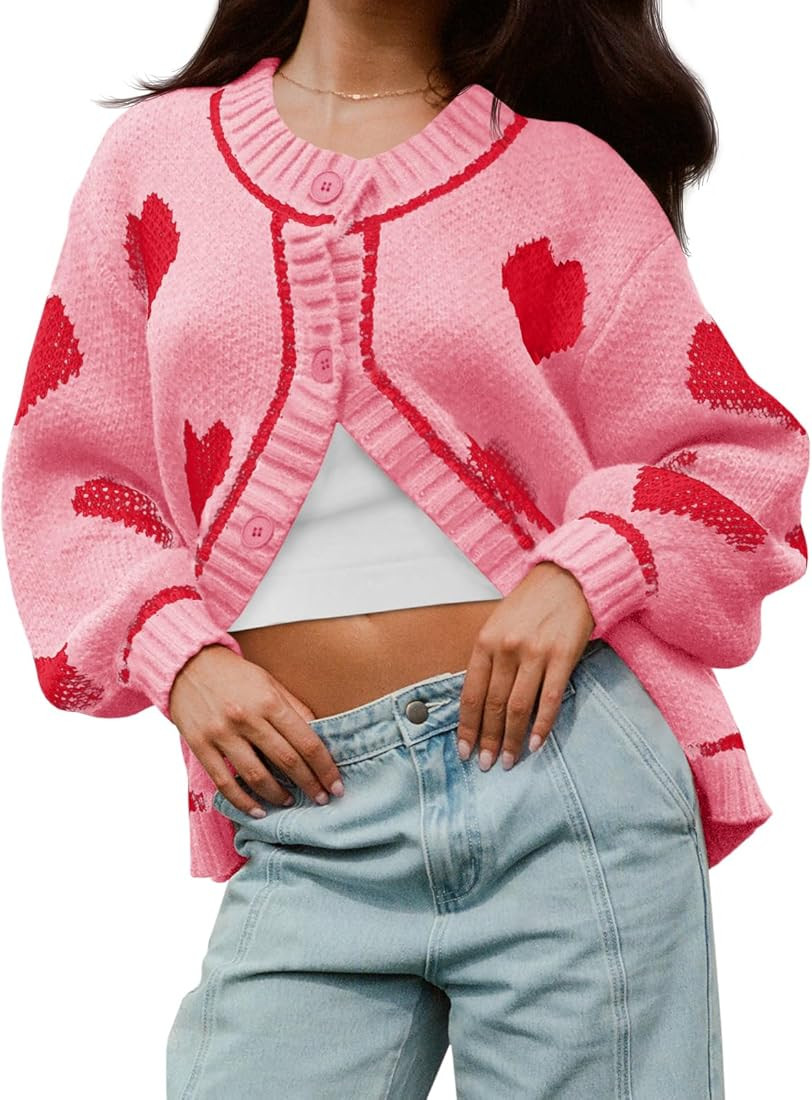 Saodimallsu Womens Cute Heart Cardigan Sweaters Valentines Day Chunky Knit Button Crewneck Long S... | Amazon (US)
