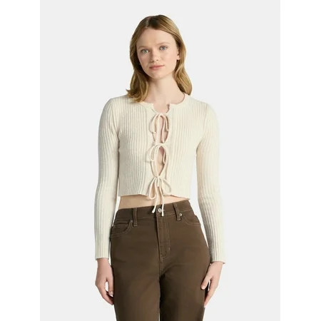 No Boundaries Bow-Tie Ribbed Cardigan, Women's | Walmart (US)