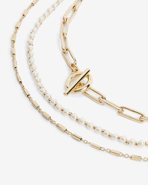 Layered 3 Row Pearl Toggle Chain Necklace | Express