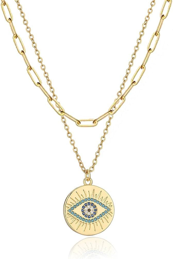WDSHOW Layered Paperclip Choker Evil Eye Pendant Necklaces Gifts for Women Girls | Amazon (US)