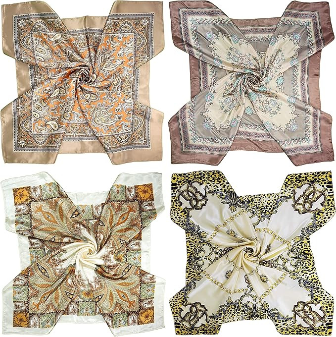 4 Pc Set Large 35 x 35 inches Satin Square Scarves Neck Hair Head Scarf Bundle | Amazon (US)