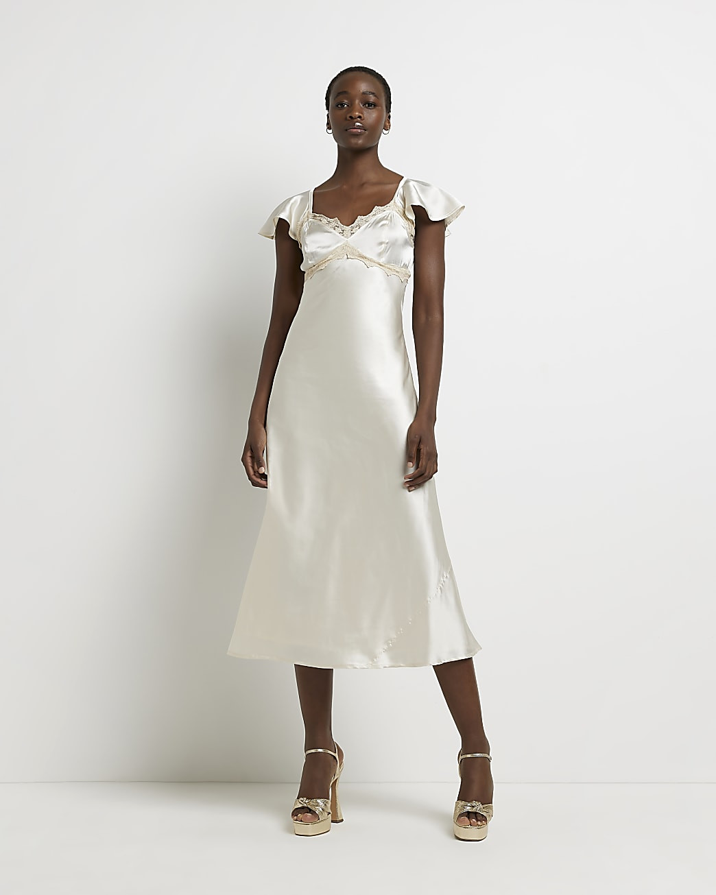 Ecru satin lace slip midi dress | River Island (UK & IE)