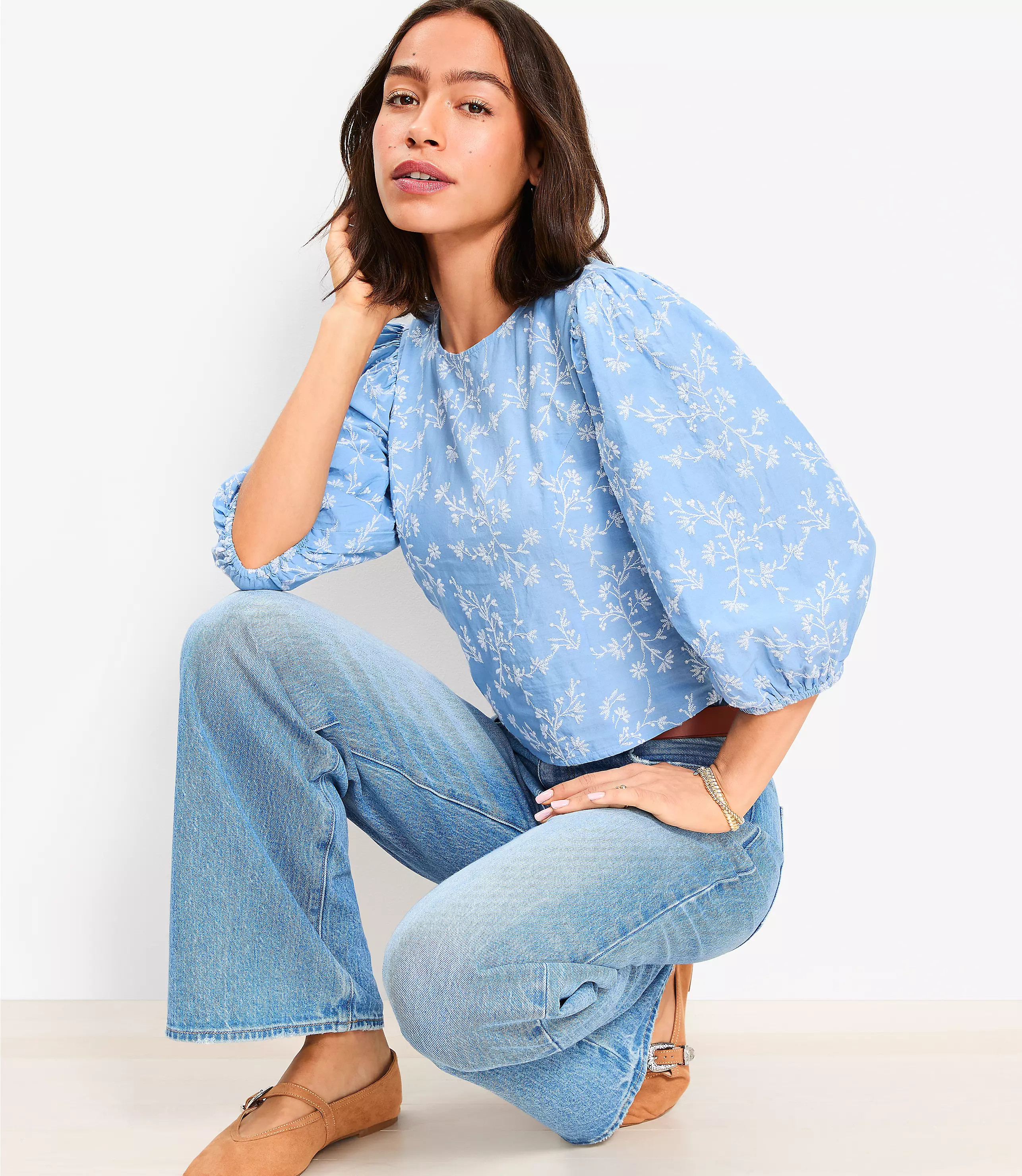 Floral Embroidered Elbow Sleeve Blouse | LOFT