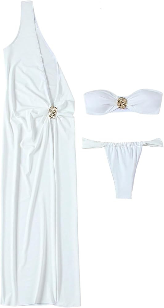 SOLY HUX Women's 3 Piece Swimsuit Bandeau Bikini Set Bathing Suit with Cover Up Dress | Amazon (US)