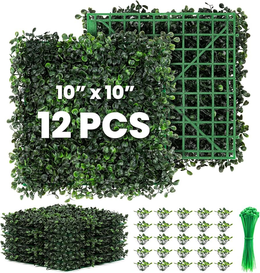 Grass Wall 12 Pack 10"x10" Artificial Boxwood Hedge Wall Panels, Privacy Hedge Screen Faux Boxwoo... | Amazon (US)