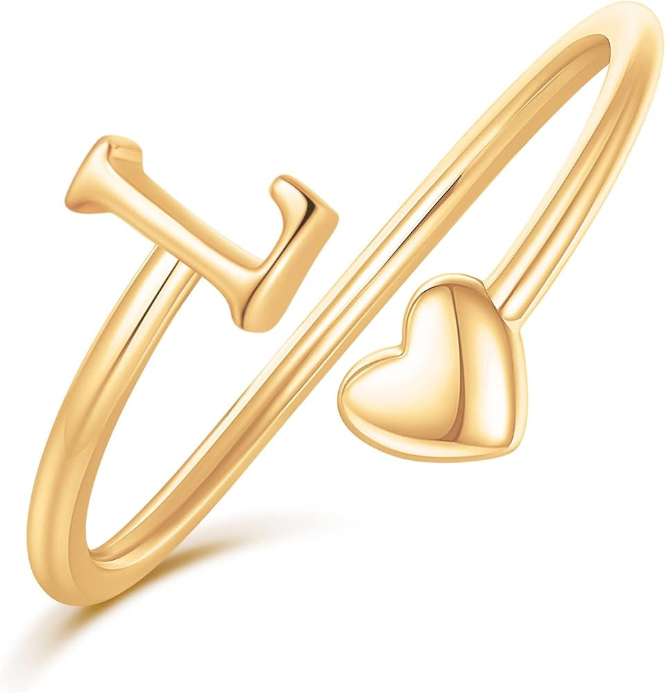 Heart Initial Rings for Women Girls - 14K Yellow/White/Rose Gold Plated Adjustable Rings for Wome... | Amazon (US)