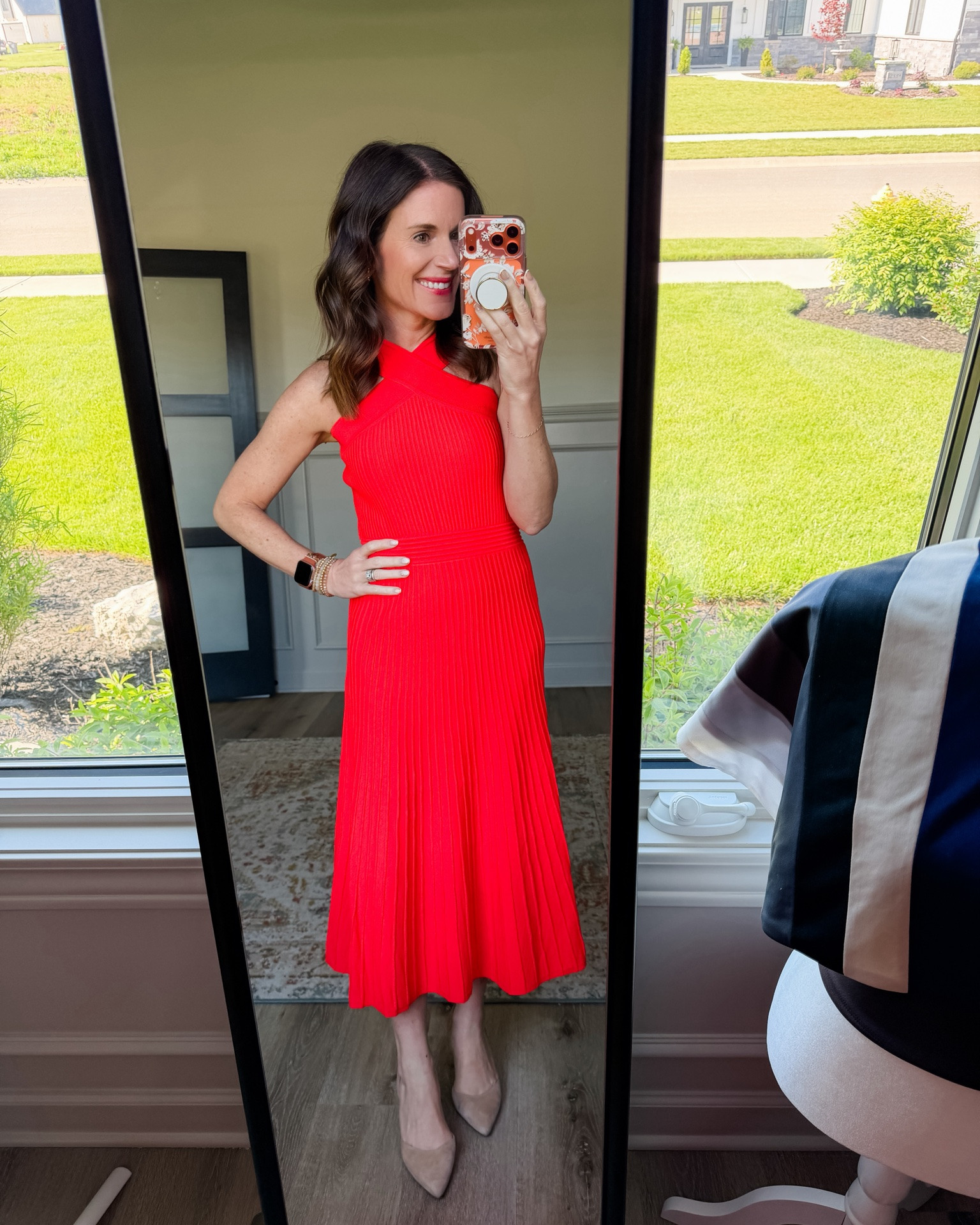 Wearing XS Petite 
Warm Redish Orange