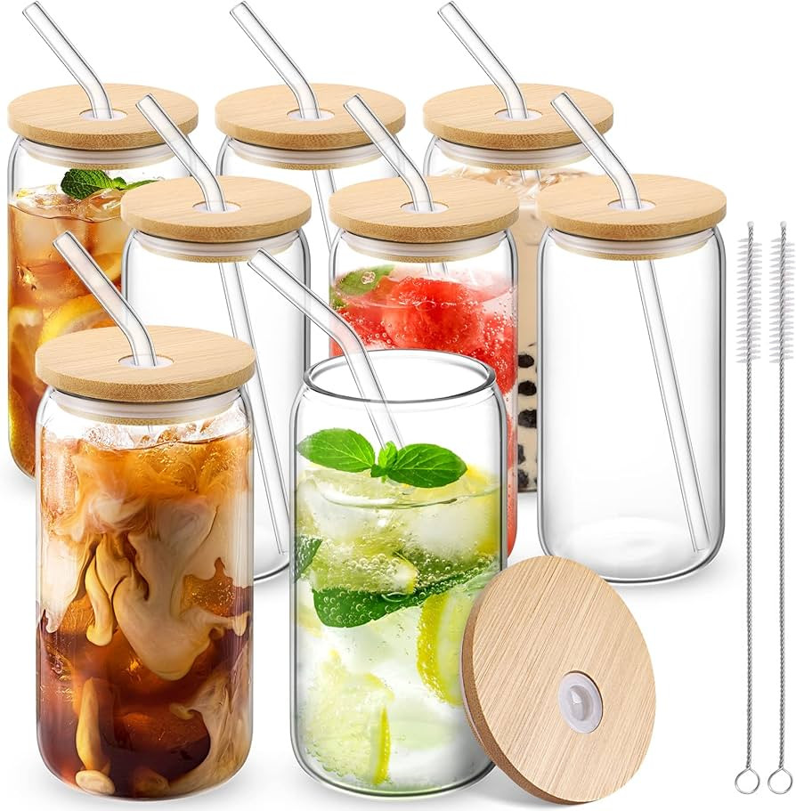 Drinking Glasses with Bamboo Lids and Glass Straw 8pcs Set, 16oz Beer Glasses Glass Cups, Iced Co... | Amazon (US)