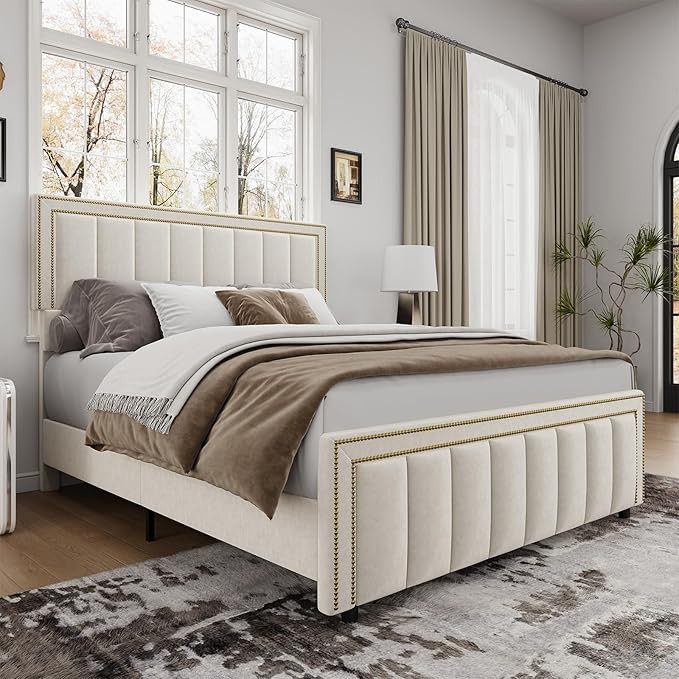 BarnFurin Queen Bed Frame with 50" Tall Headboard and Footboard, Chenille Upholstered Platform Be... | Amazon (US)