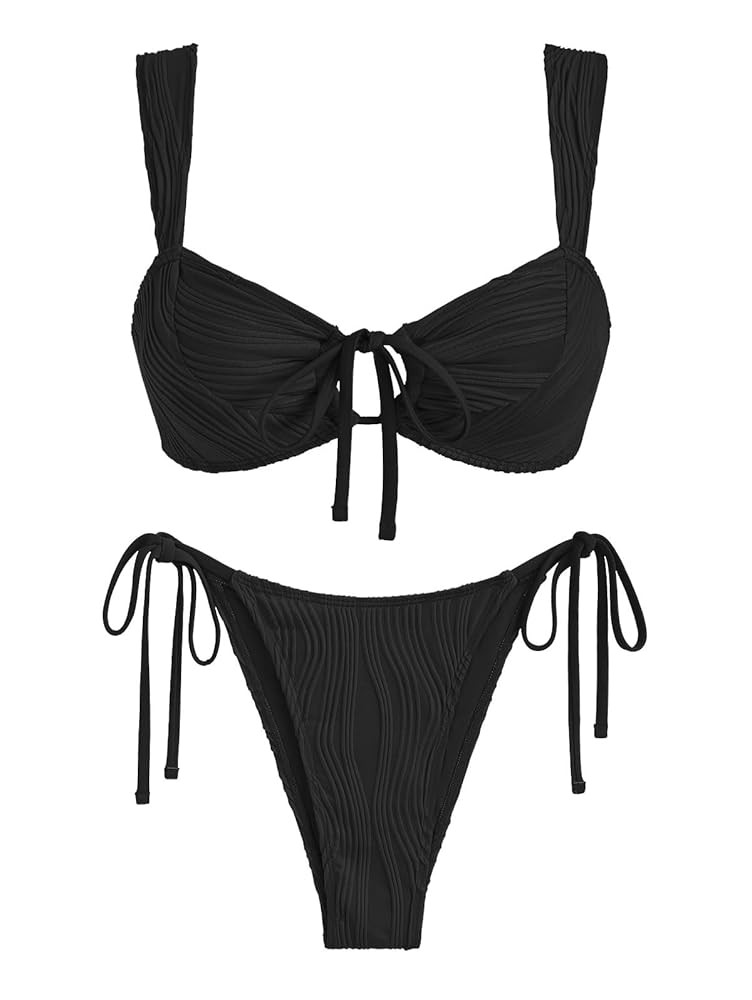 ZAFUL Women's Cinched Bikini Solid Color Wave Textured Knotted Tied Side Two Piece Swimsuit Bathi... | Amazon (US)