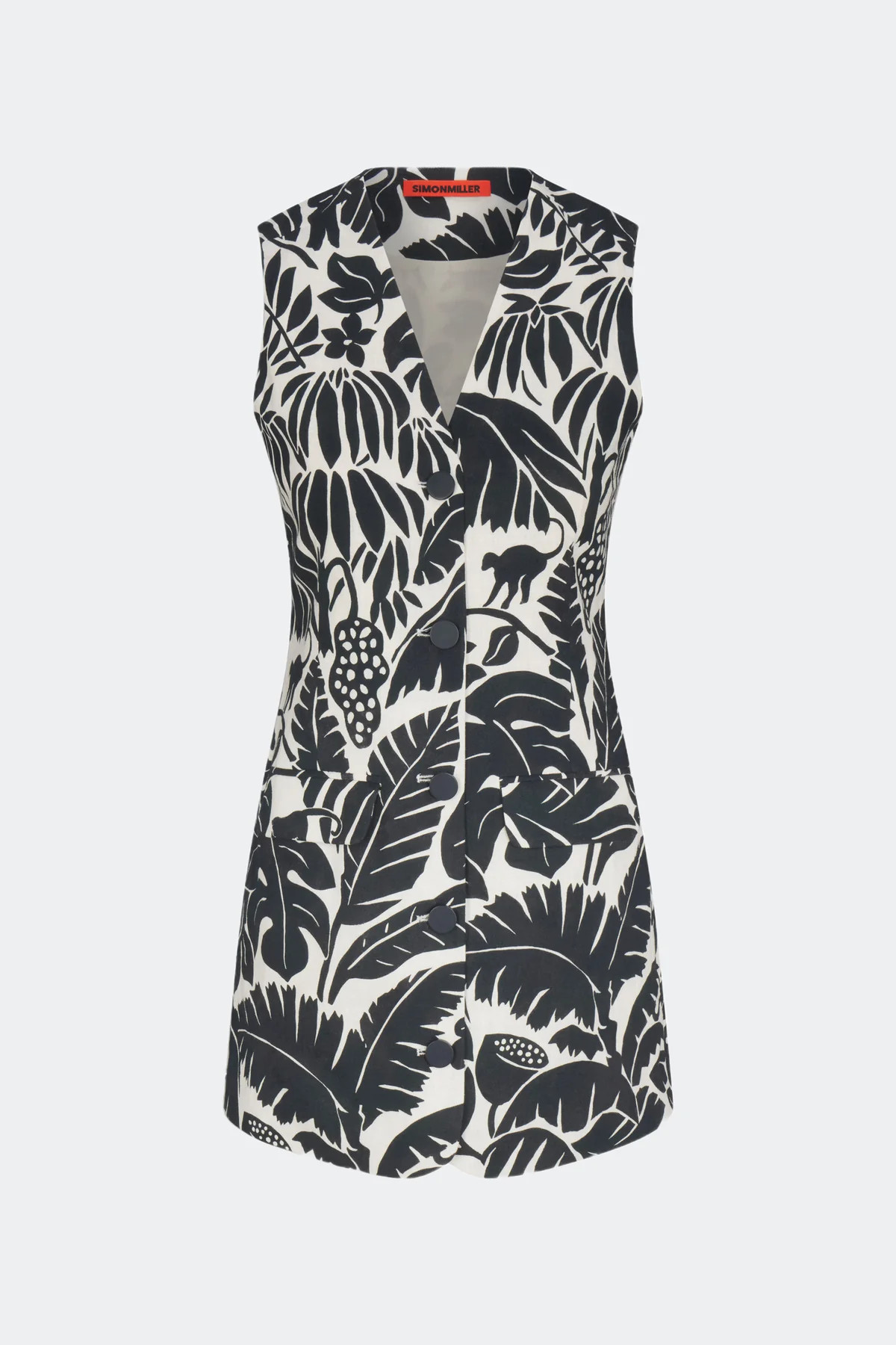 Carob Printed Linen Mini Dress in Black/Macadamia Acapulco Print | SIMONMILLER | Simon Miller