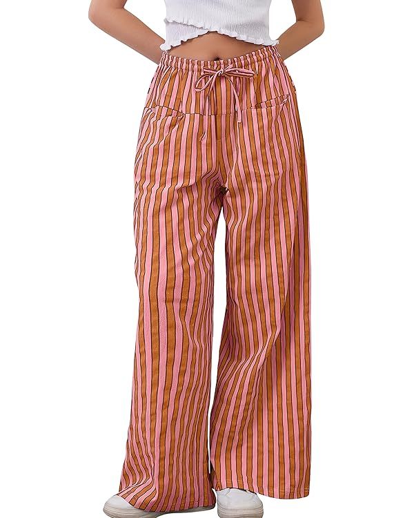 MISSACTIVER Women Drawstring Striped Pants Loose Wide Leg Trousers Casual Low Waist Pants Comfy L... | Amazon (US)