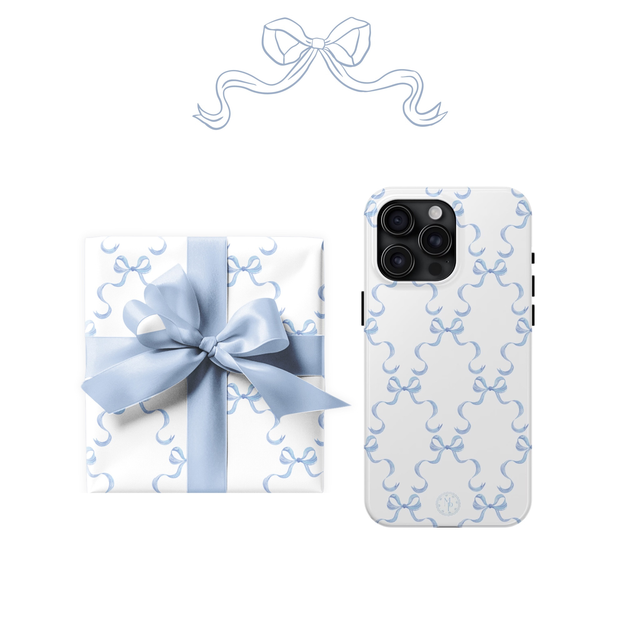 blue bow phone case and wrapping paper 