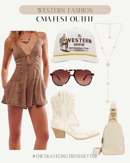 Western fashion - CMA fest outfit idea - free people romper - sunglasses - booties - necklace - hat - bag 

#LTKFindsUnder50 #LTKStyleTip #LTKFindsUnder100