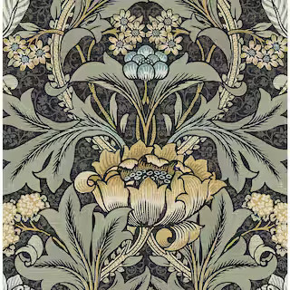 NextWall 30.75 sq. ft. Charcoal and Goldenrod Acanthus Floral Vinyl Peel and Stick Wallpaper Roll | The Home Depot
