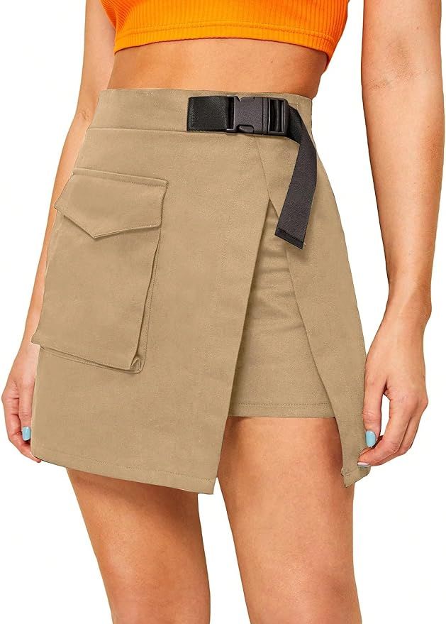 WDIRARA Women's Cargo Skirt Utility Asymmetrical Slit High Waist Wrap Mini Skirt with Buckle Blac... | Amazon (US)
