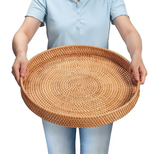 Rattan Large Serving Tray, Wicker Round Fruit/Bread Serving Basket, Extra Large Decorative Ottoman Tray for Living Room, Coffee Table, Breakfast, 16.9 inch | Amazon (US)